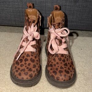 Cat & Jack Brown Leopard Print Kids Ankle Boots with Pink Laces